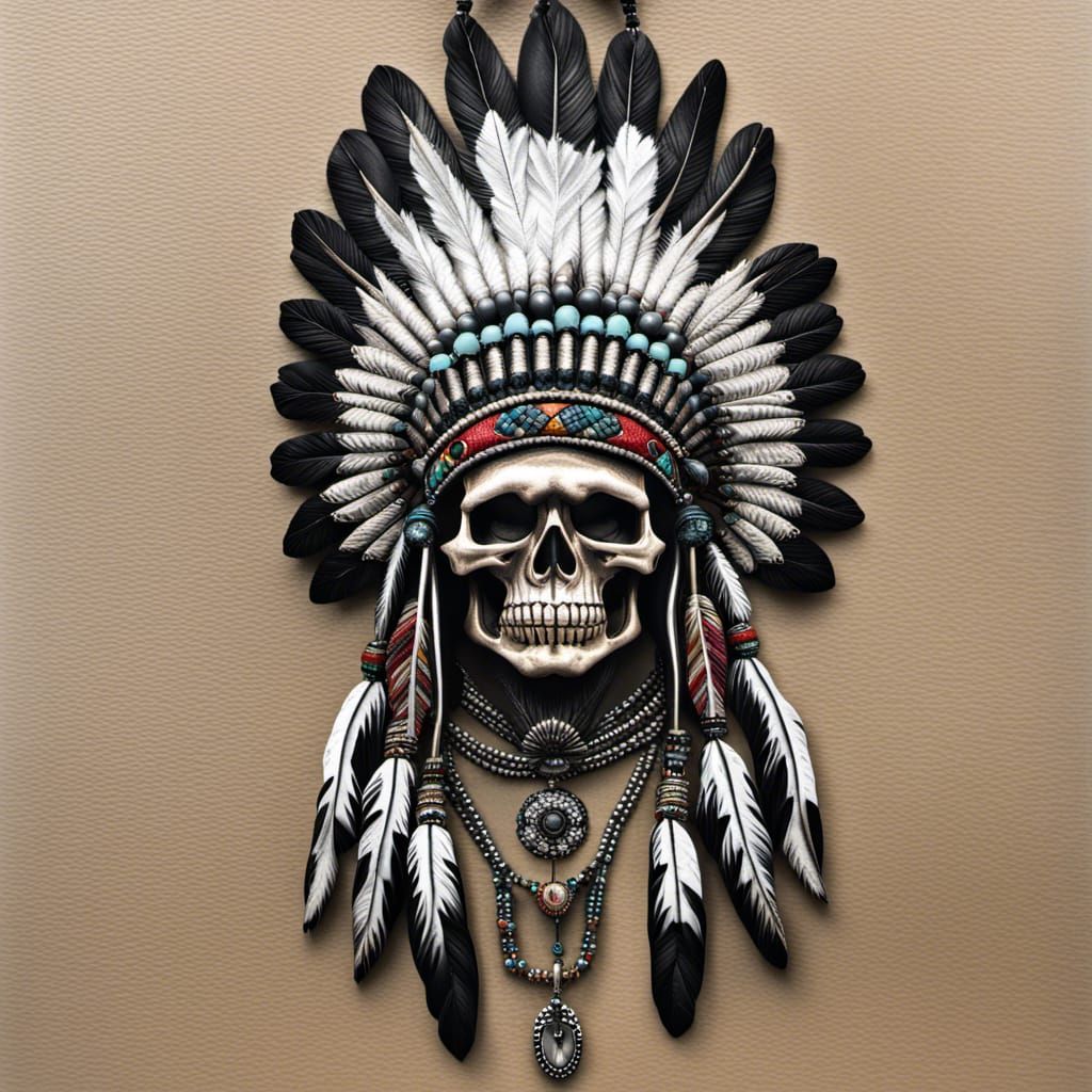 Detailed Skull Indian Chief in Headdress