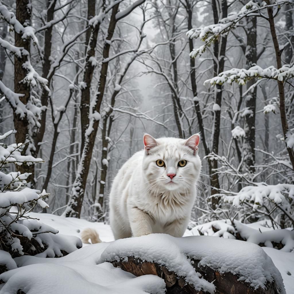 Stalking White Cat in Snowy Mountain Forest