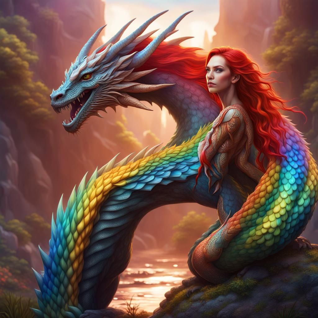 Woman and Peaceful Rainbow Dragon Fantasy Art