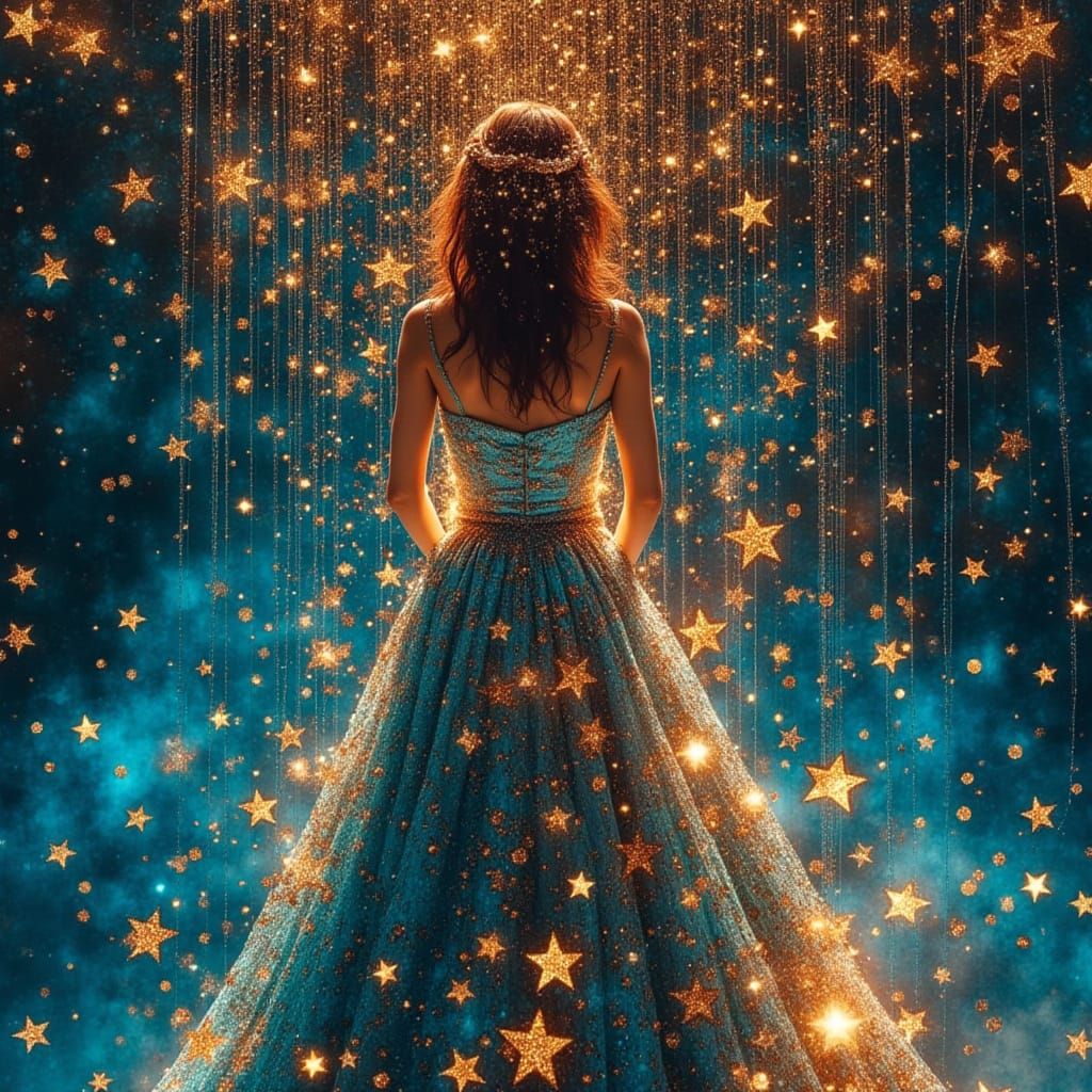 Woman in Liquid Starlight Gown with Falling Stars