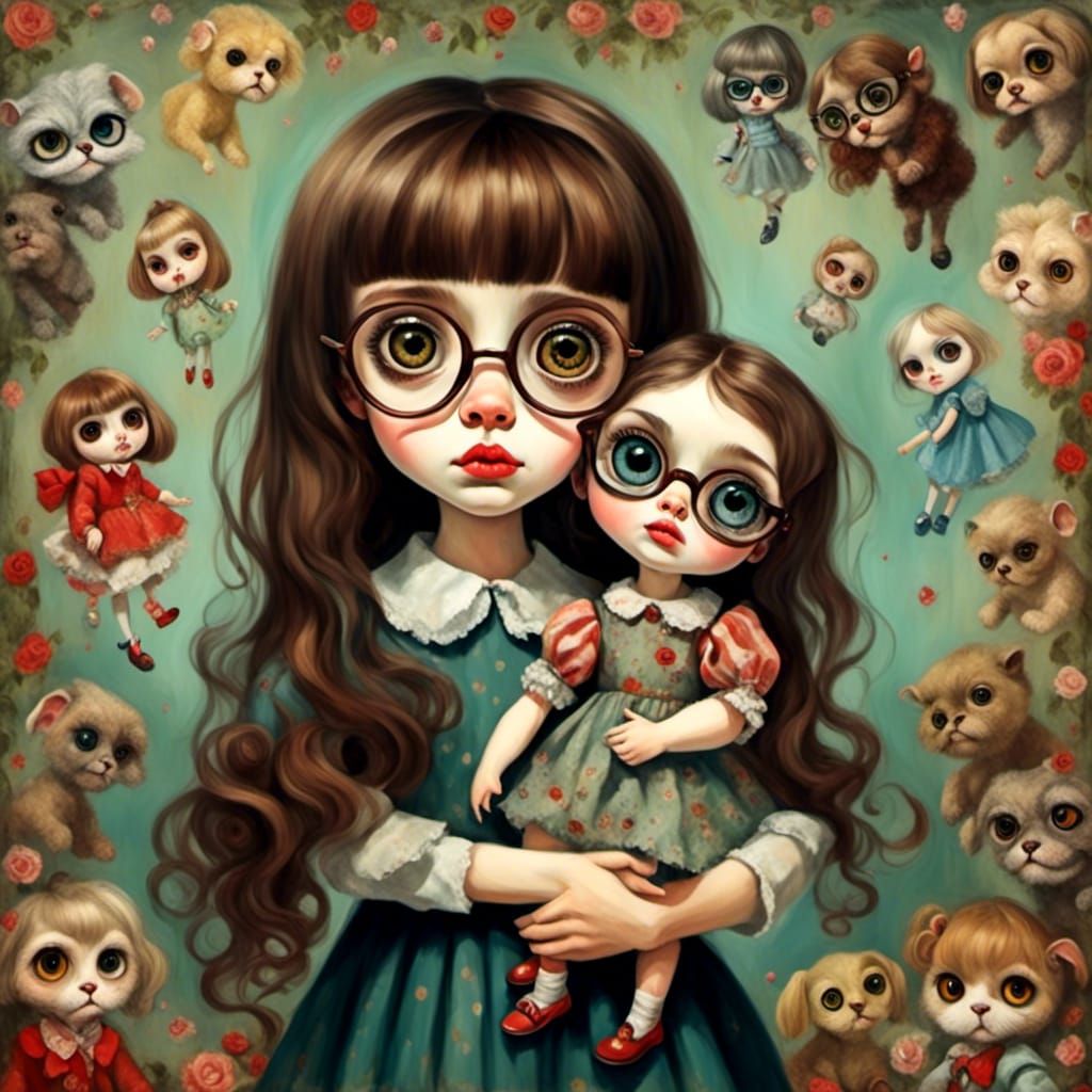 Girl with Doll in Kitsch Monster Style