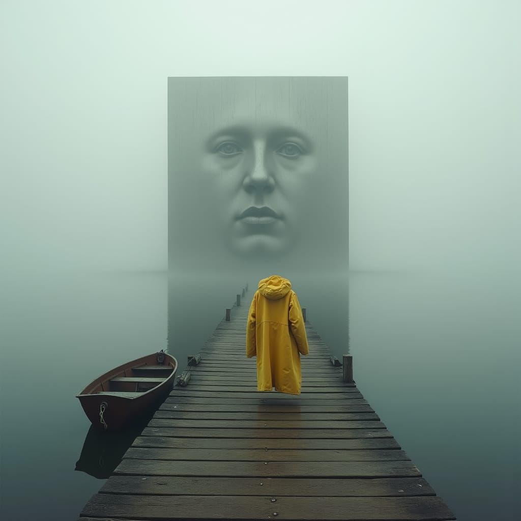 Eerie Dock in Fog: A Surreal Lake Nightmare