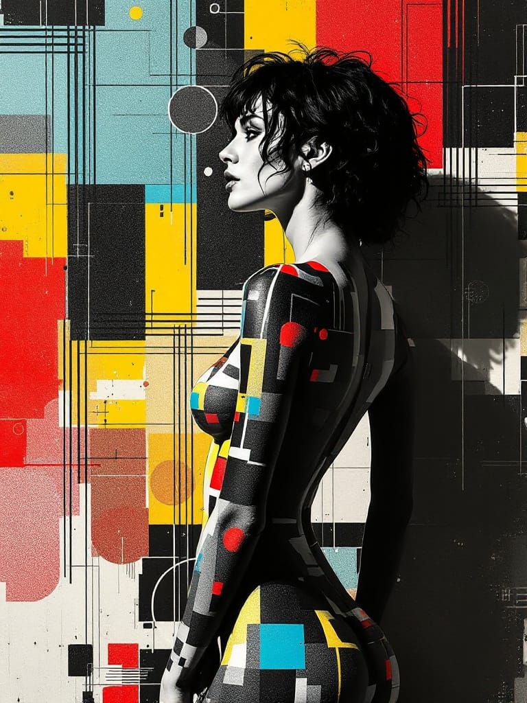 Woman Merges With Geometric Wall Art