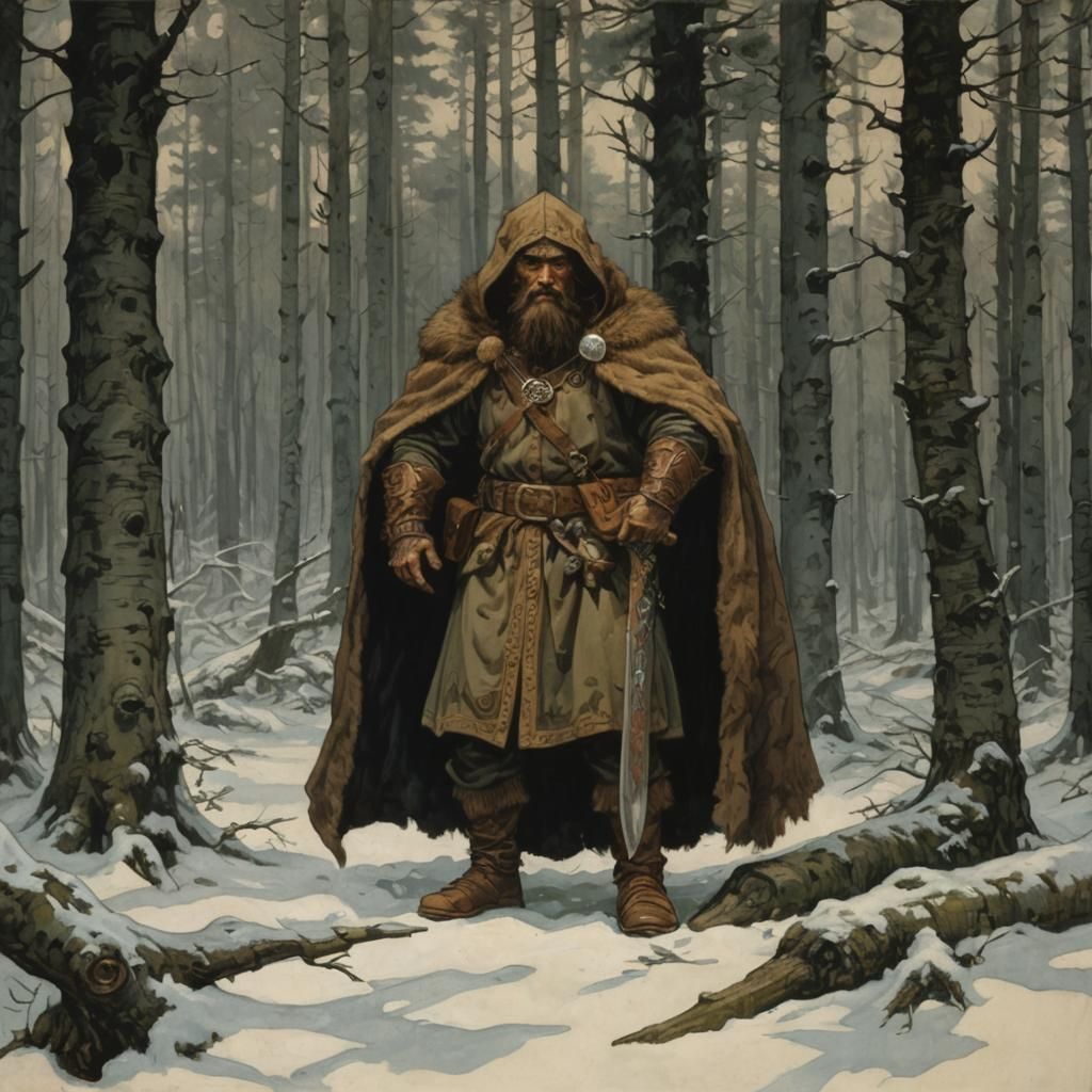 Nordic Warrior in Forest, Grimdark Illustration