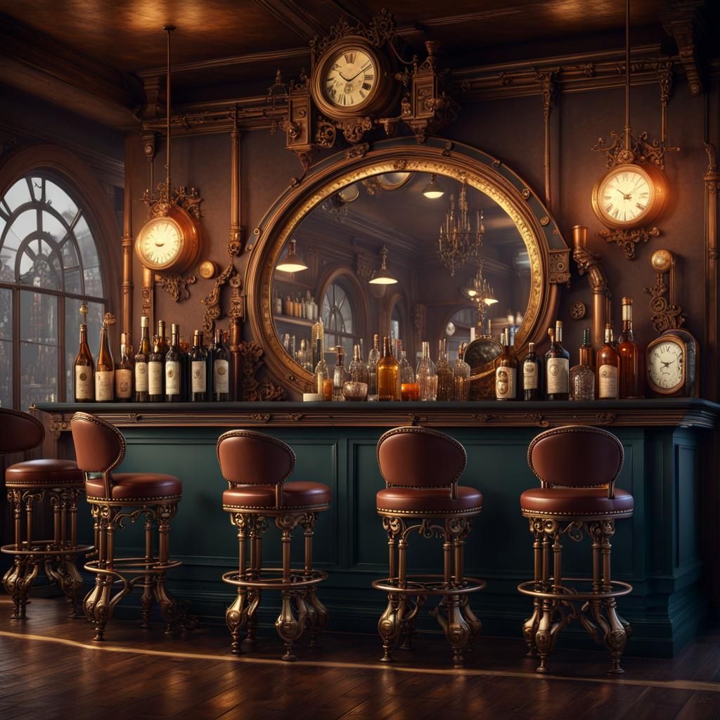 Steampunk Victorian Pub Bar with Copper Mirror
