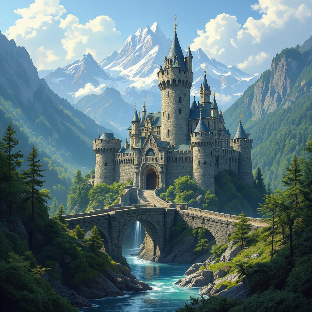 Ancient Castle on Mountain in Fantasy Digital Painting Style