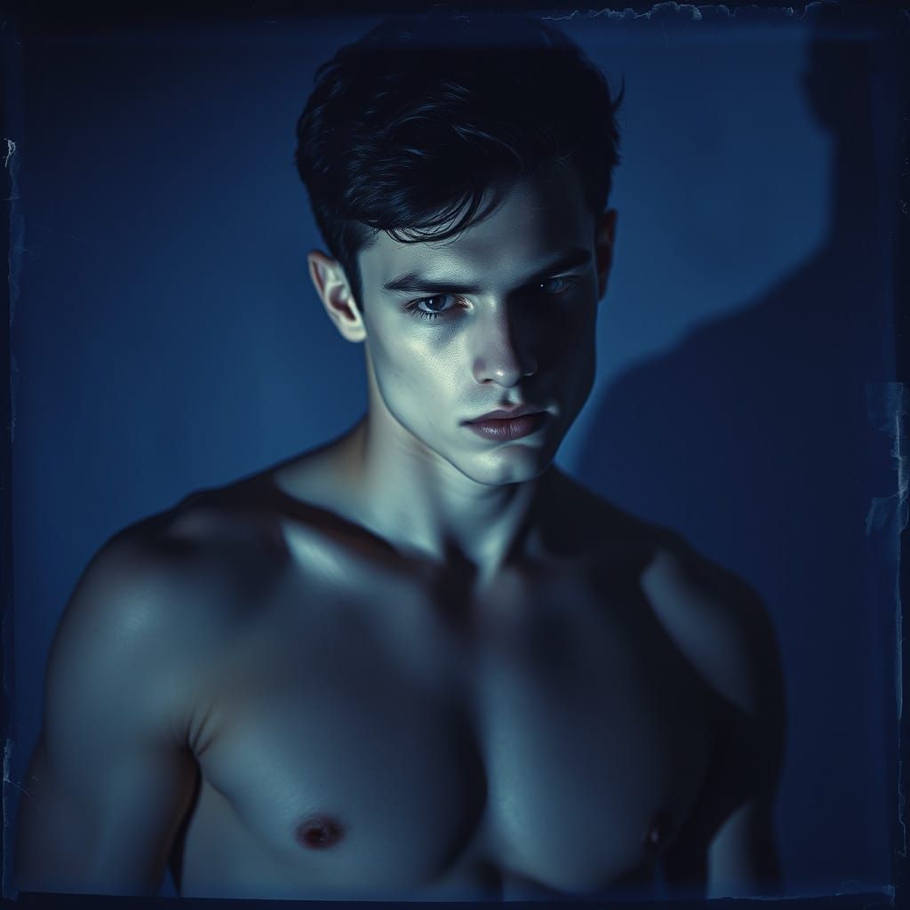 Chiseled Young Man in Moody Cyanotype Style