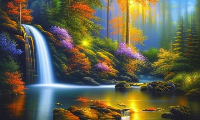 Japanese Temple Waterfall in Iridescent Fantasy Landscape