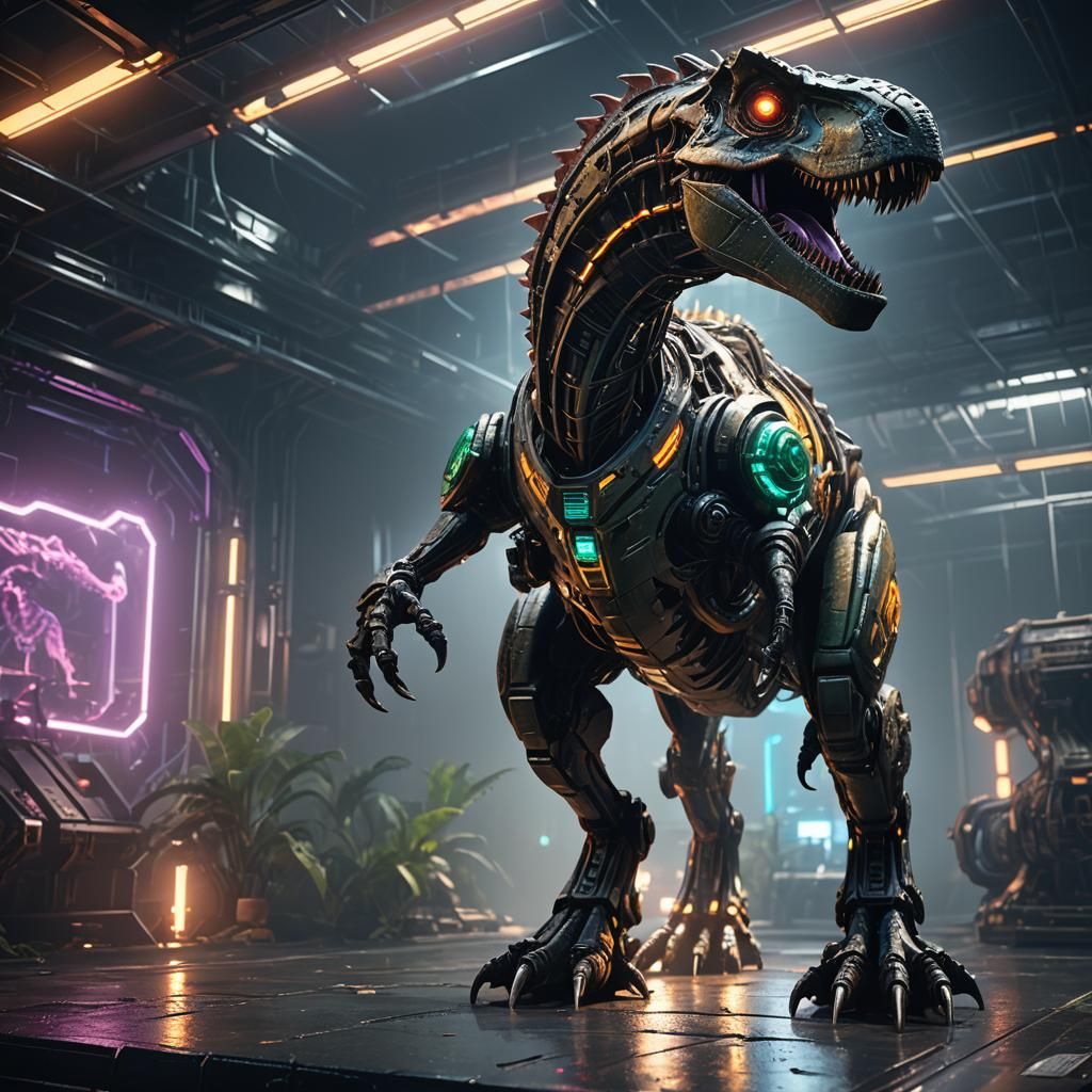 Sci-Fi Mech Dinosaur on Metallic Platform