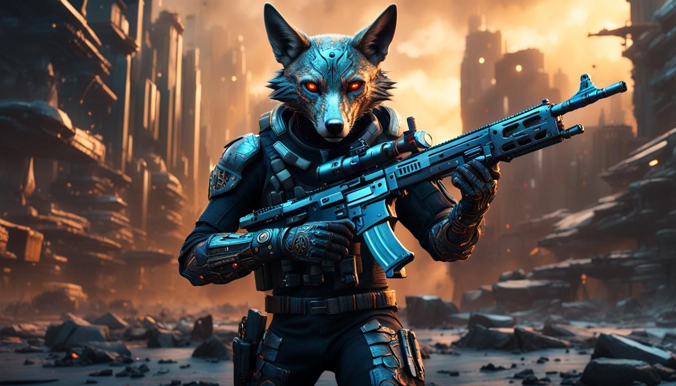 Cyberpunk Jackal Warrior in Sci-Fi Landscape