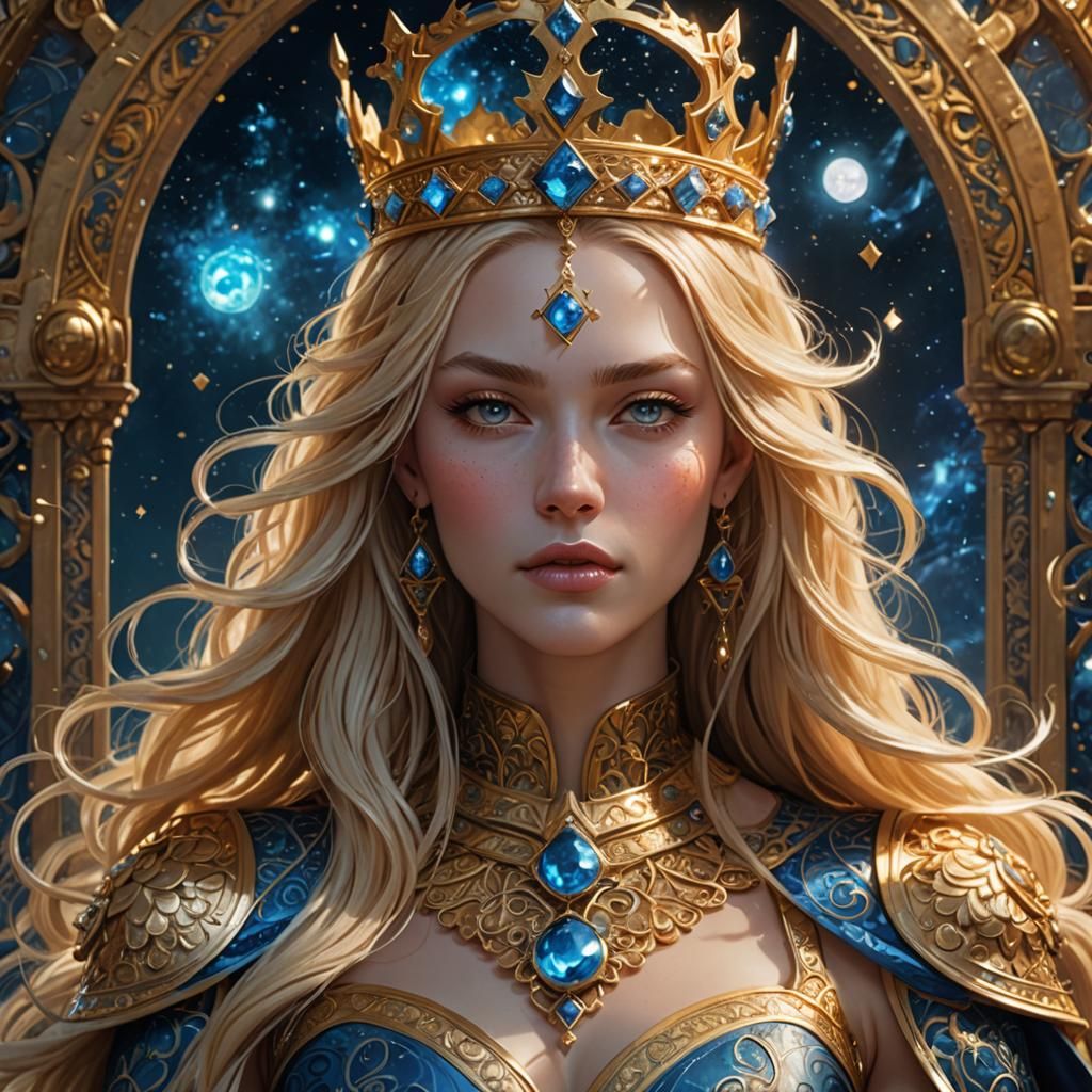 Goddess with Crown: Fantasy Art in Blue and Gold