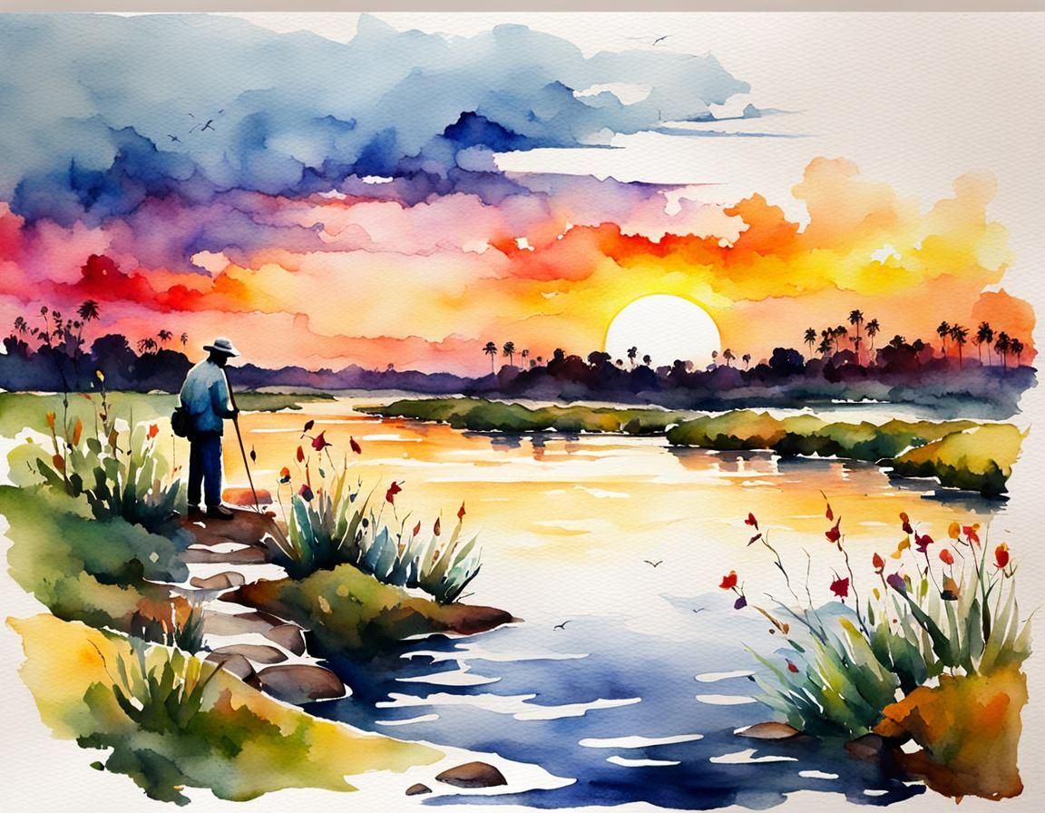 Watercolor Fisherman at Sunset Creek