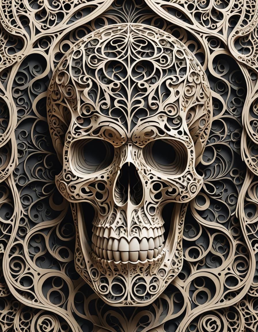 Intricate Papercut Skull with Abstract Fractal Elements