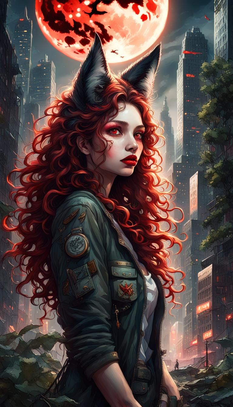 Post-Apocalyptic Jungle Girl Portrait Under Red Moon