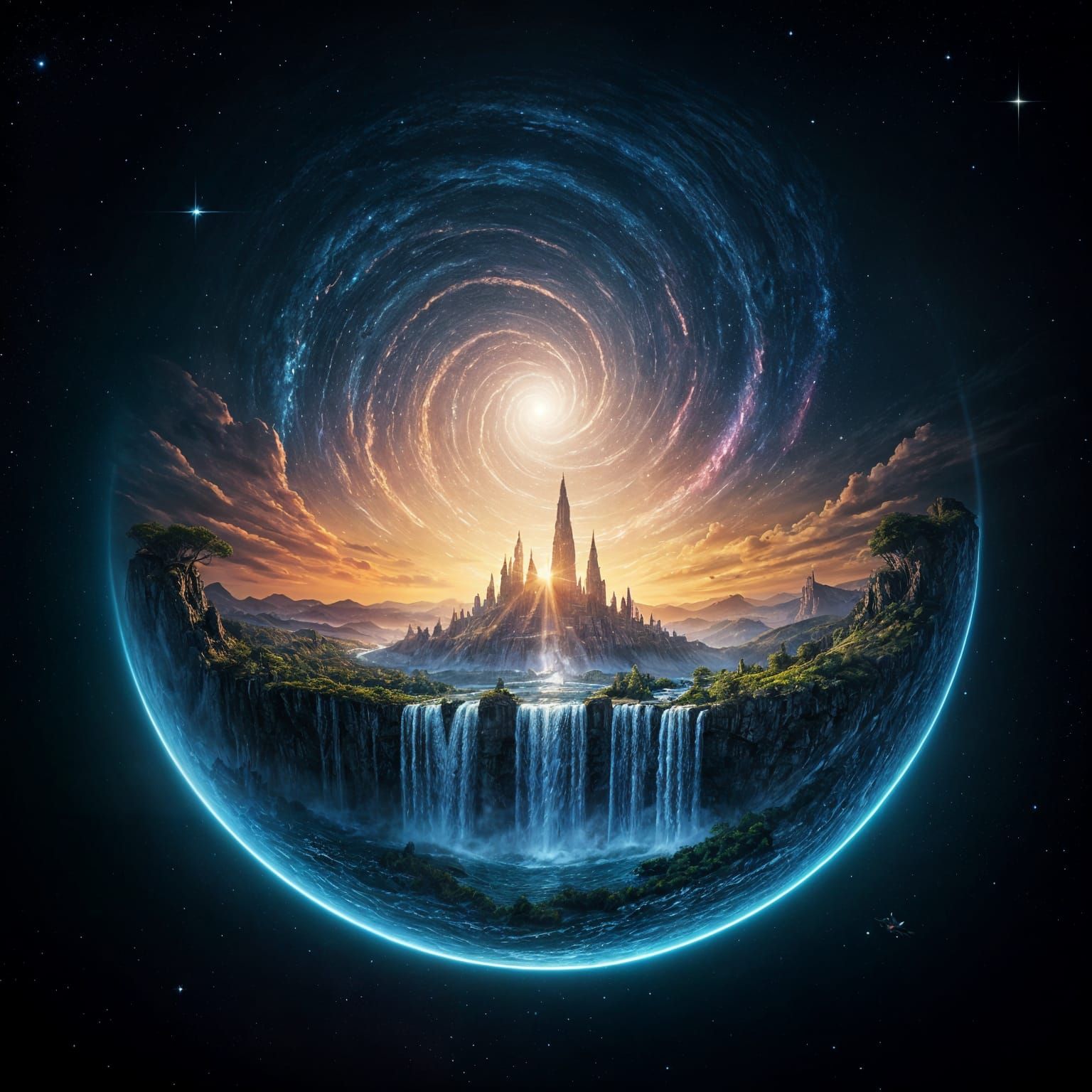 Ethereal Galaxy World with Waterfalls, Cities, and Spaceship...