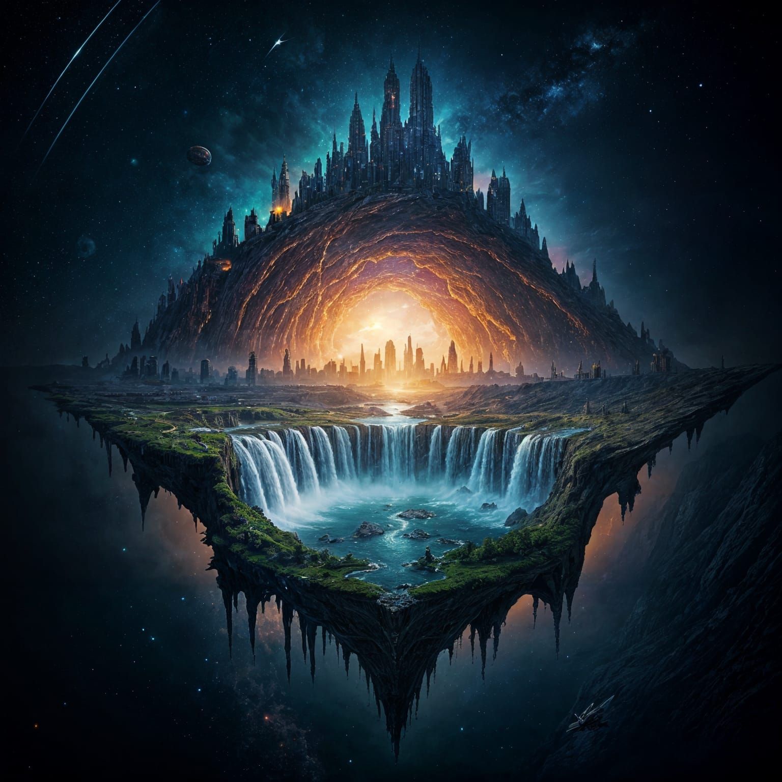 Vibrant Galaxy Landscape with Waterfalls, Cities, and Spaces...