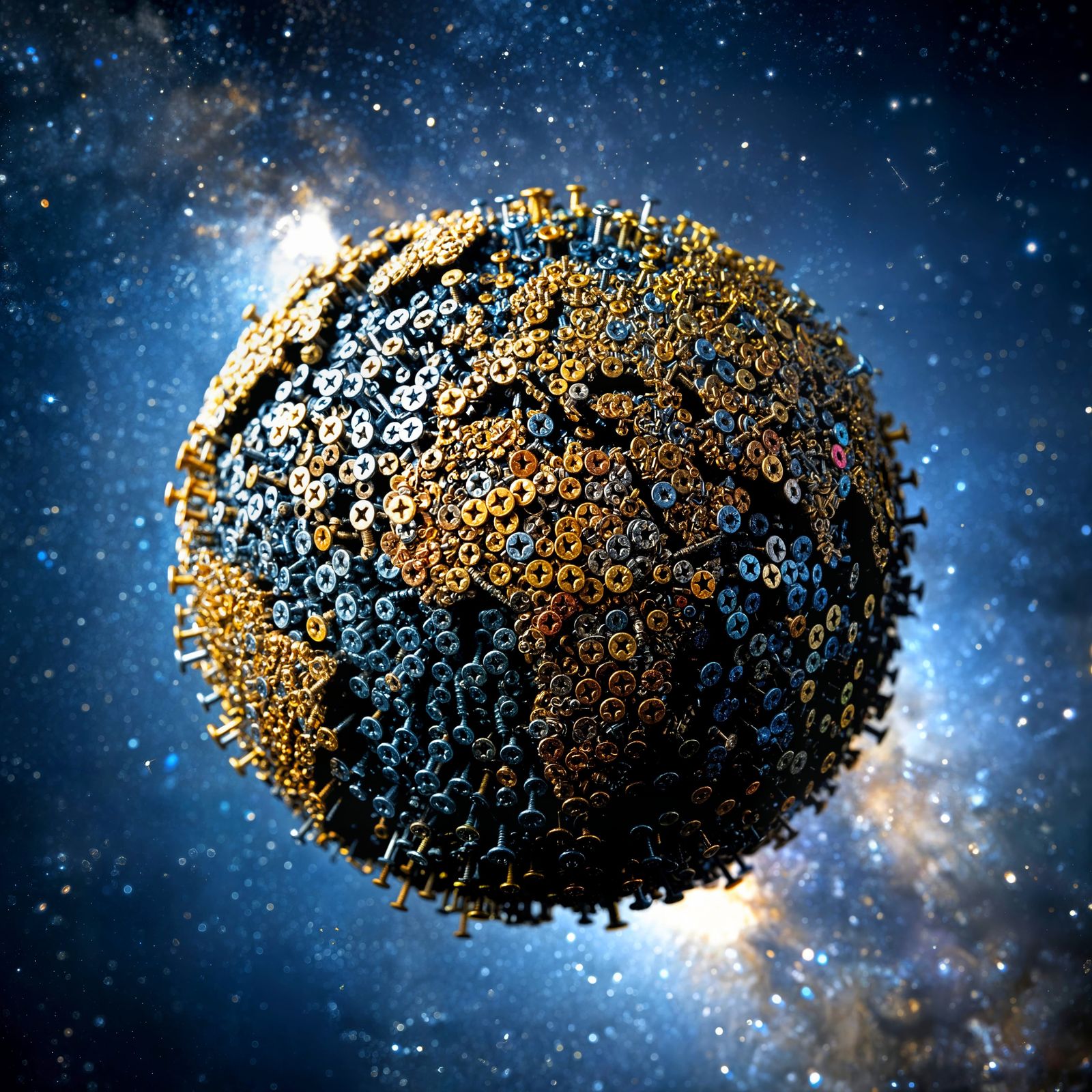 Planet Earth Assembled From Screws Under Milky Way Light
