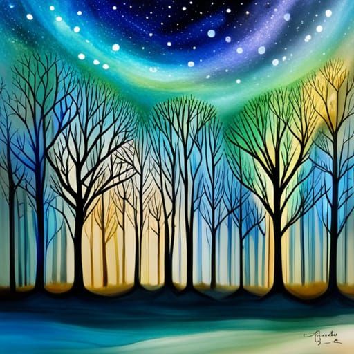Enchanted Forest at Night in Alcohol Ink Style