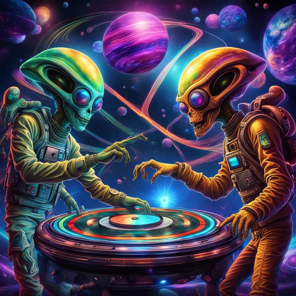 Psytrance Alien DJs Battle in Space: Cosmic Illustration