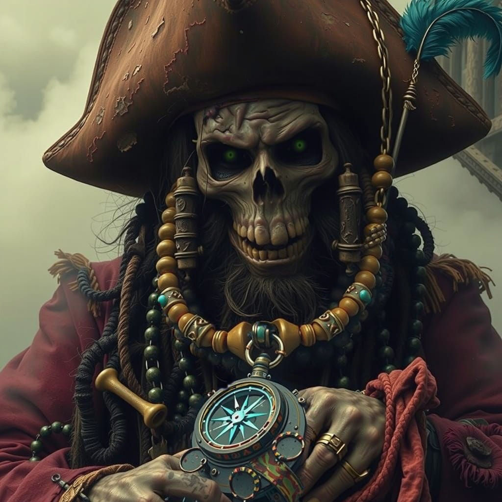 Grim Pirate in Radiant Macabre Attire, with Shrunken Head in...