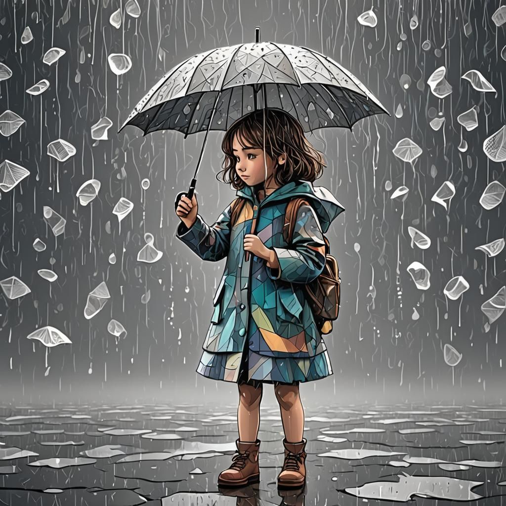 Girl with Umbrella in Rainy Abstract Fractal Style