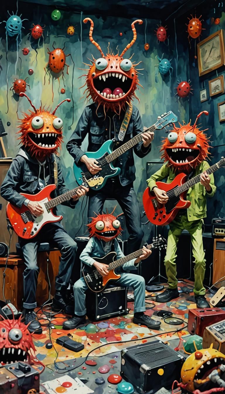 Bed Bug Puppet Rock Band in Surreal Style