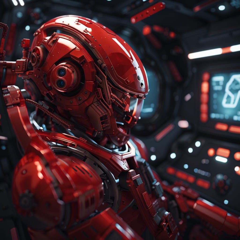 Red Robot Piloting Spaceship in Deep Space