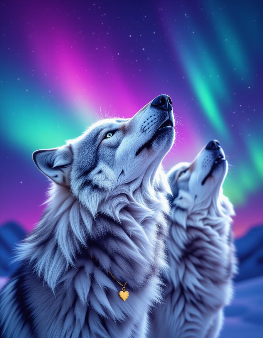 Majestic Howling Shadow Wolf with Golden Heart Pendant