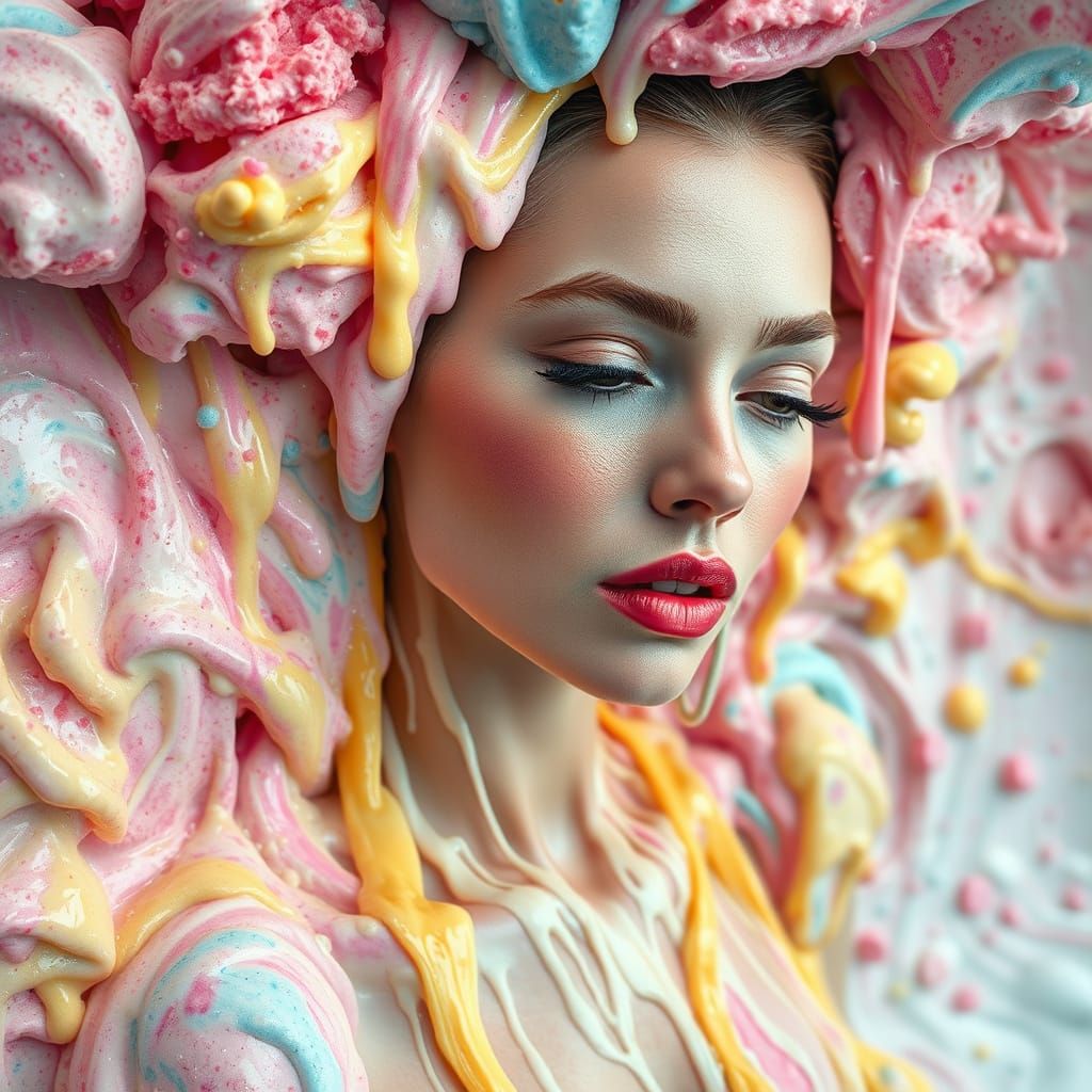 Elegant Woman Surrounded by Creamy Ice Cream Explosion
