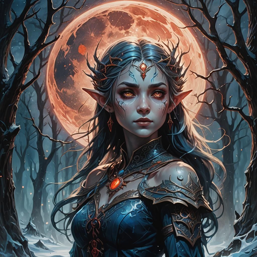 Sprit Elf in Icy Wood Under Blood Moon