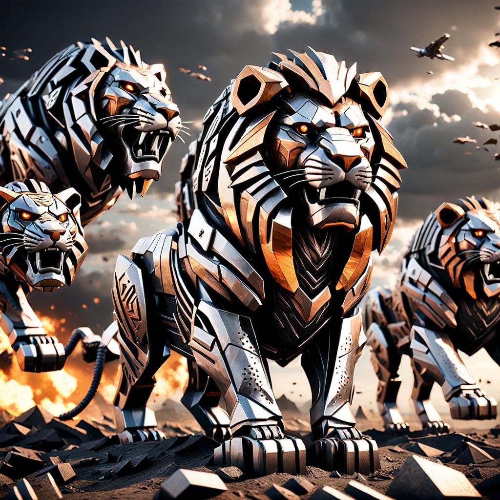 Futuristic Lion vs Tiger Battle in Sci-Fi Landscape