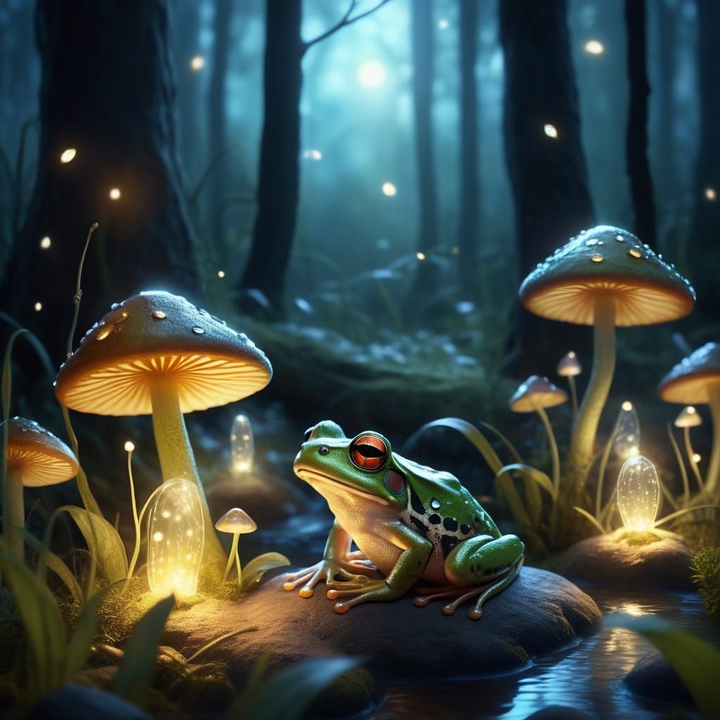 Whimsical Fantasy Frog Wizard in Glowing Mushroom Village