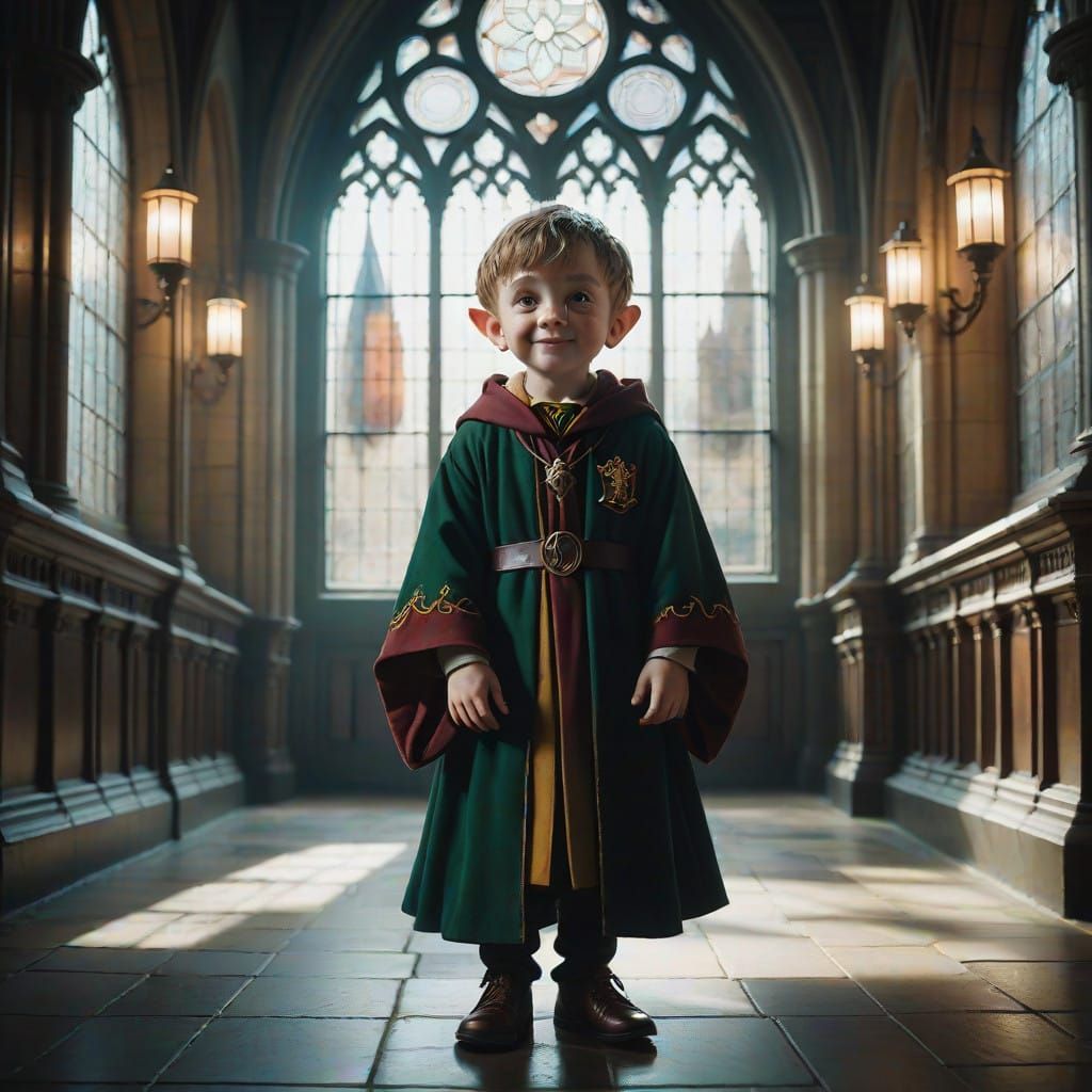 Elf Wizard in Hogwarts' Mystical Hallway