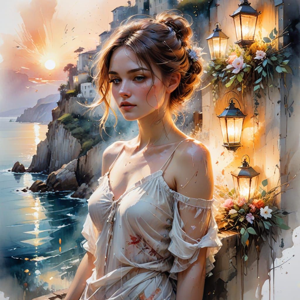 Impressionist Mediterranean Coastal Scene with Sunlit Terrac...