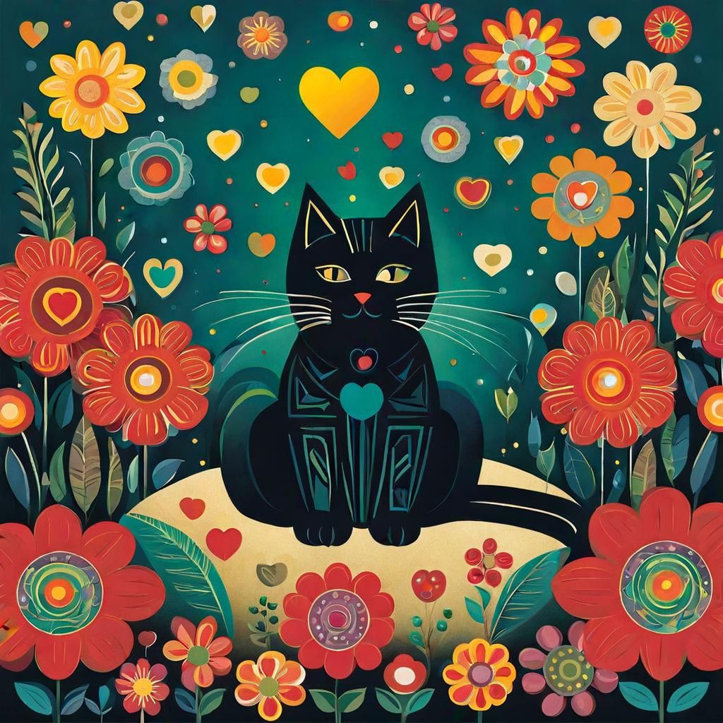 Surreal Cat Surrounded by Flowers and Heart Lights