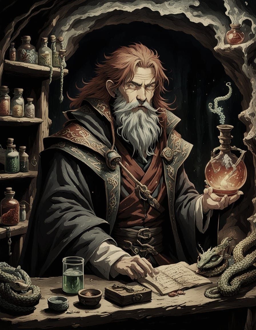 Medieval Alchemist in Cave, Anime Style