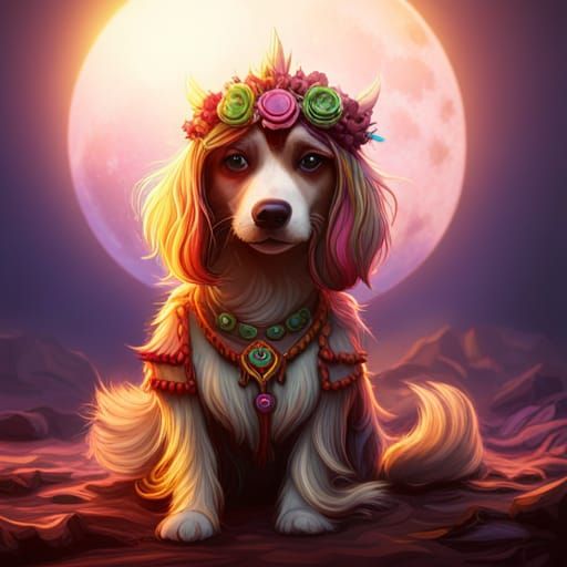 Hippie Dog in Detailed Fantasy Art Style
