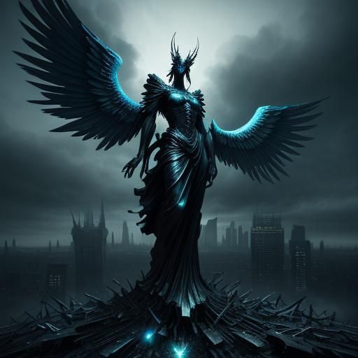 Surrealist Angel in Ravaged Cityscape