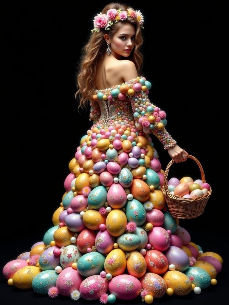 Young Woman in Vibrant Easter Egg Ball Gown