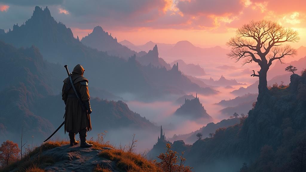 Ethereal Landscape with Medieval Character in Golden Light