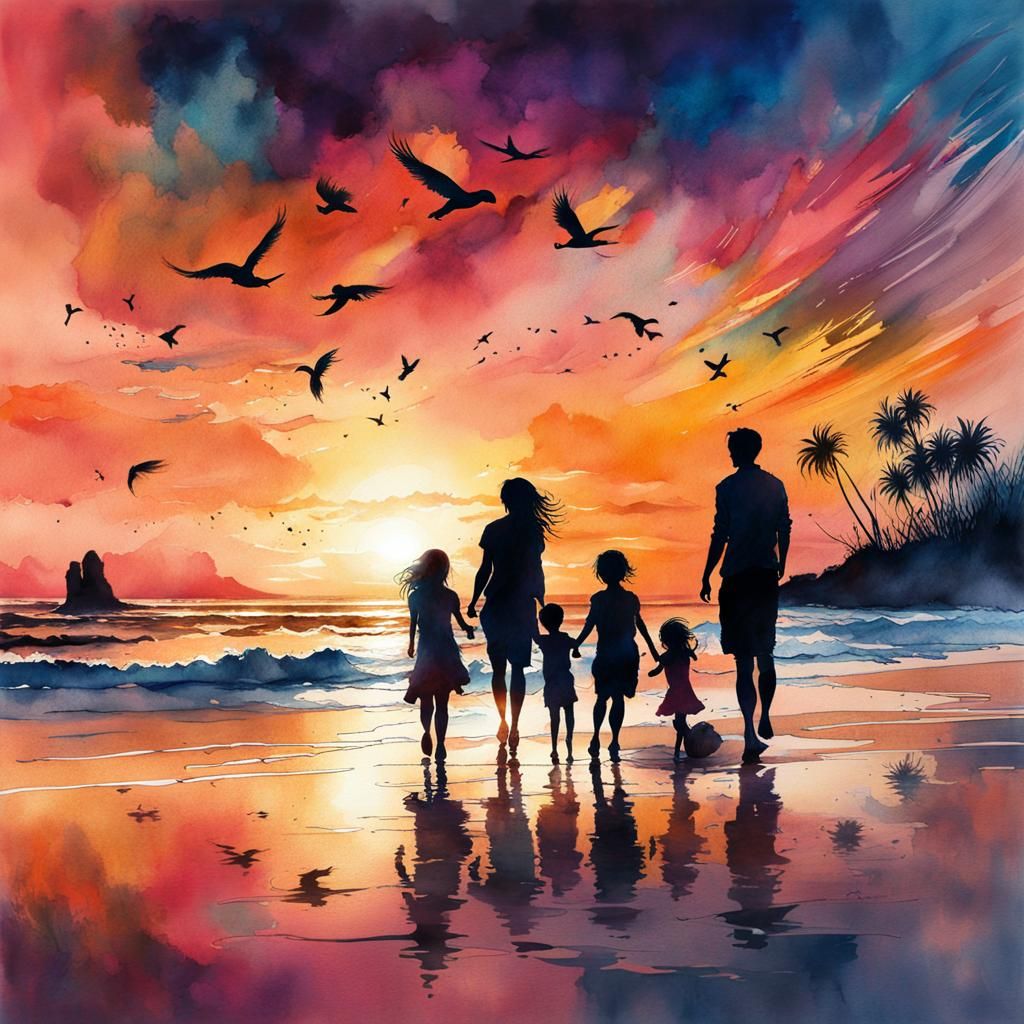 Family Silhouettes at Sunset: Watercolor Beach Scene