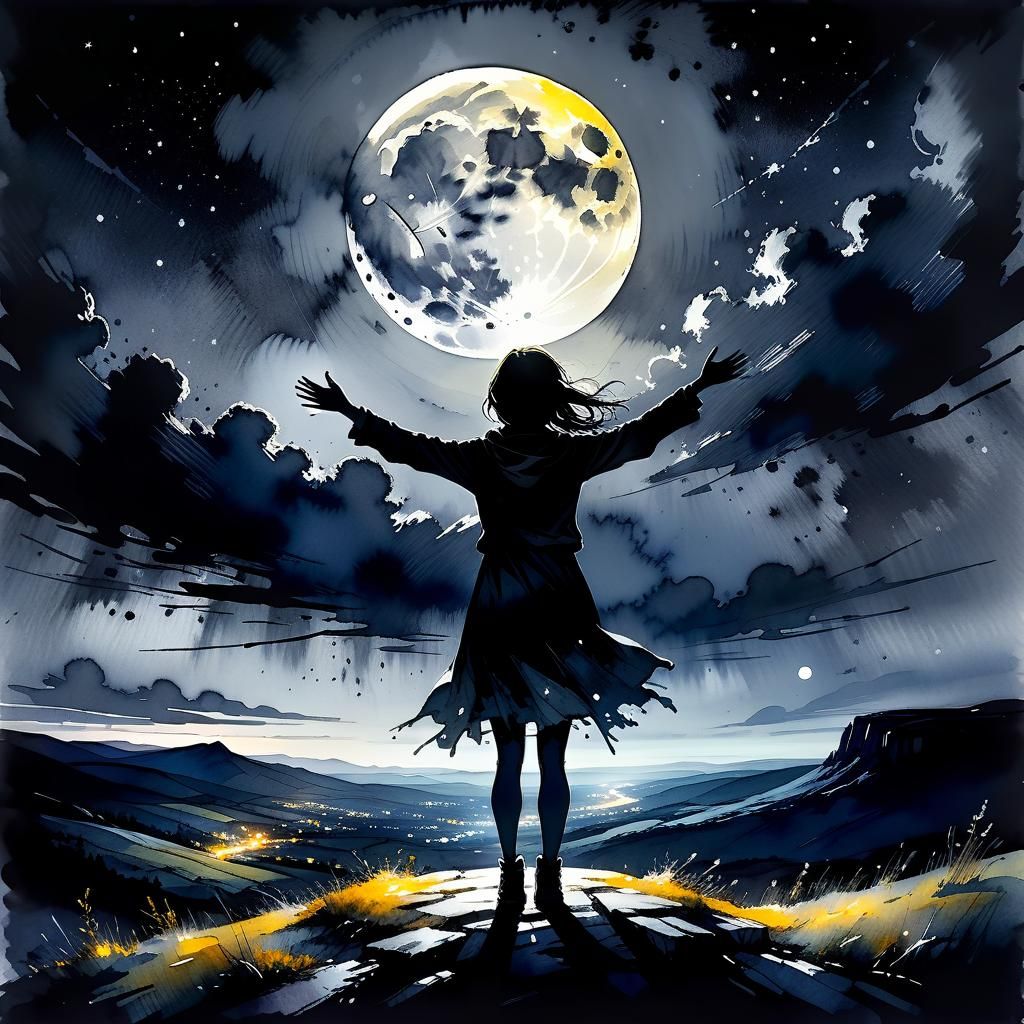 Girl Silhouette Under Moonlight Watercolor Landscape