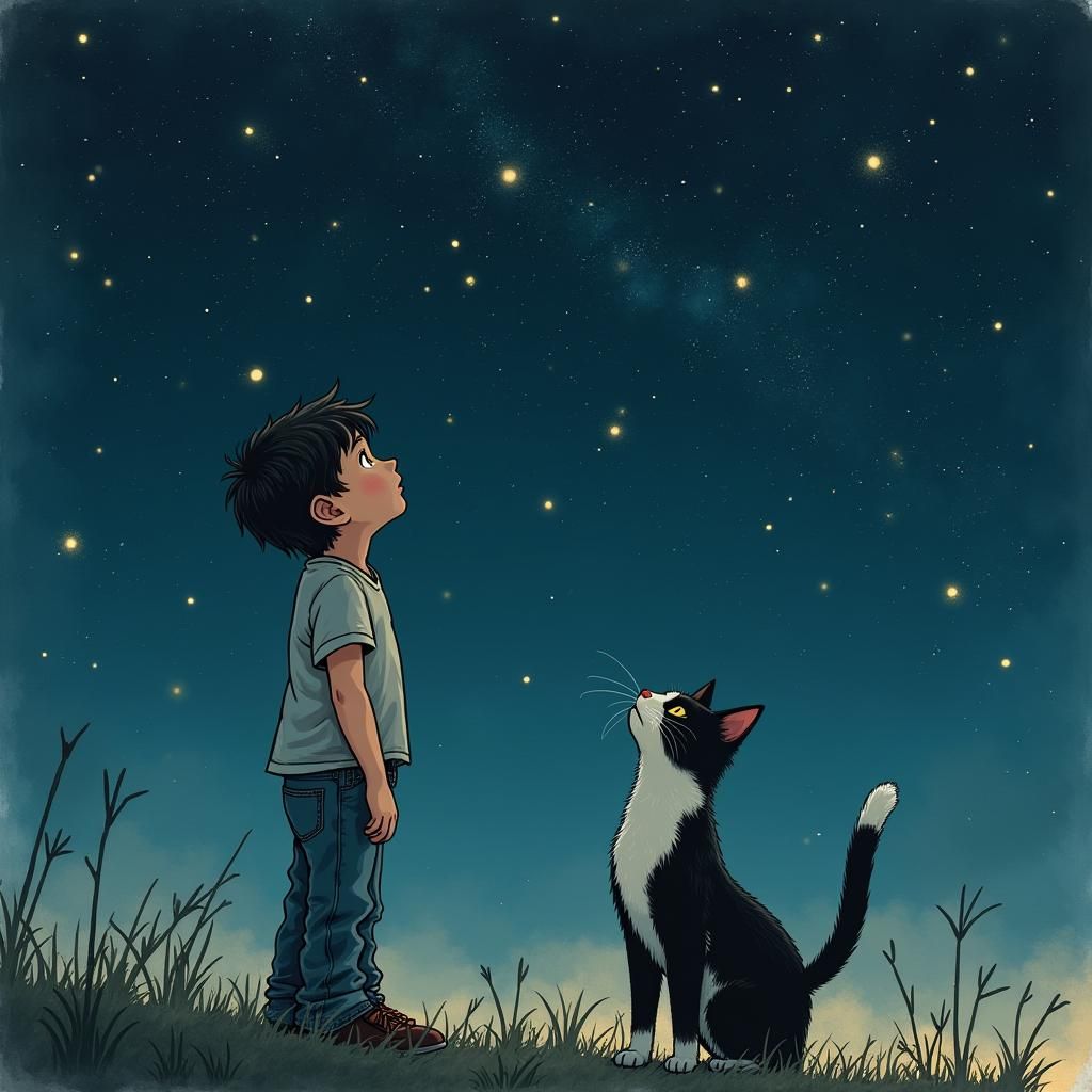 Boy and Cat Gaze at Starry Night Sky