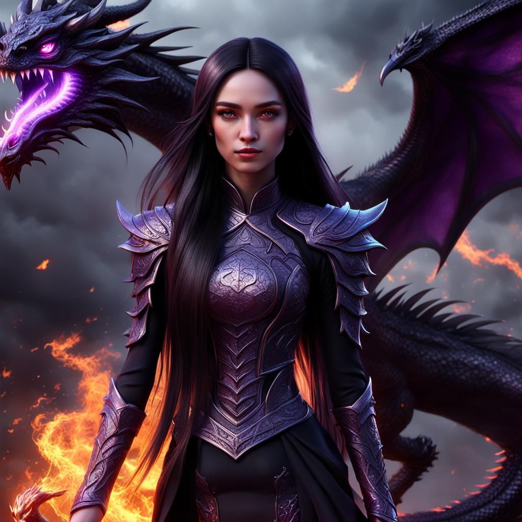 Girl with Black Fire Dragon in 3D Rendering