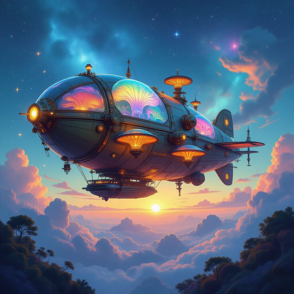 Whimsical Steampunk Airship of Cells and Fungi in Cosmic Sky