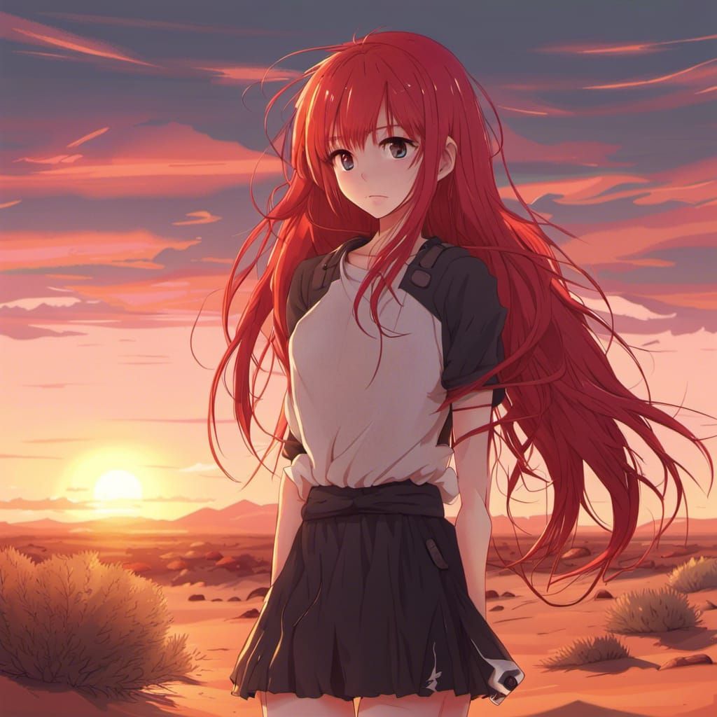 Red-Haired Girl at Desert Sunset in Anime Style