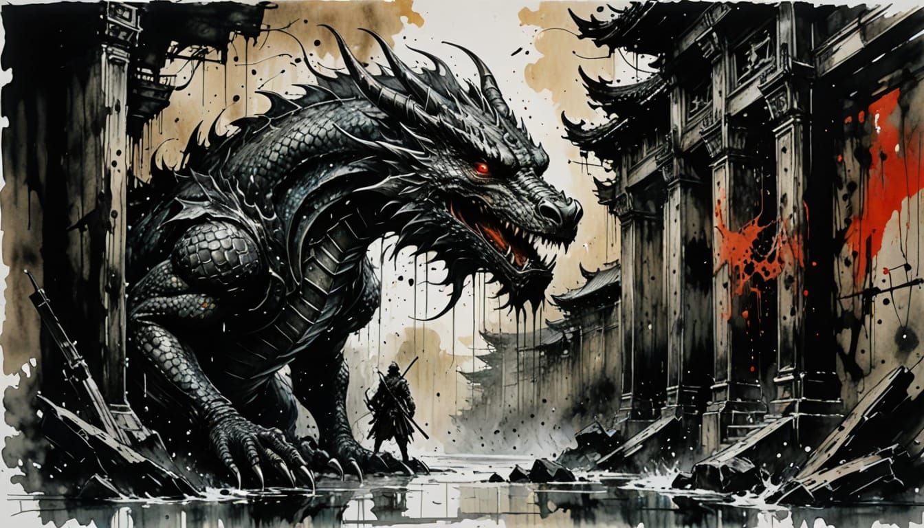 Dragon Gate Ink Drawing in Abstract Style