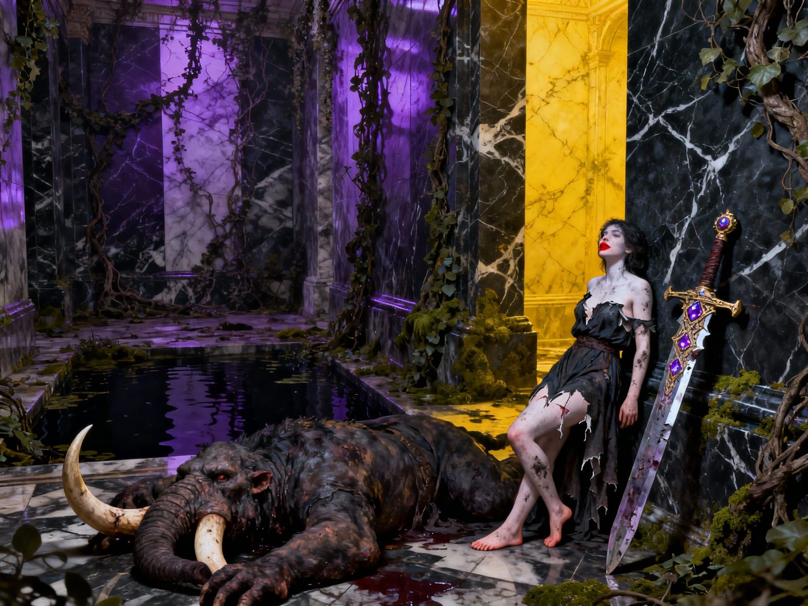 Elegant Woman Leans on Jeweled Sword in Dark Fantasy Hall