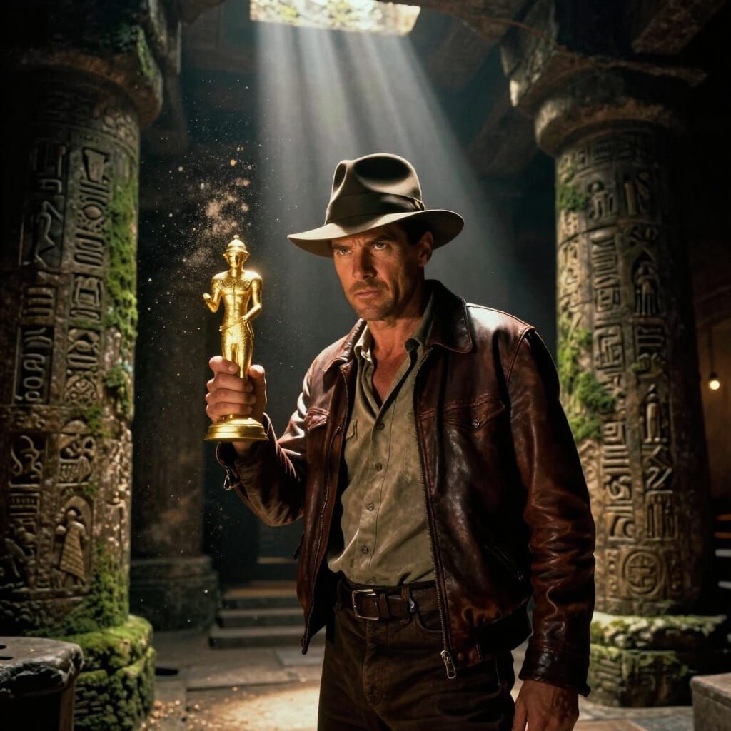 Indiana Jones Discovering Golden Idol in Booby-Trapped Templ...