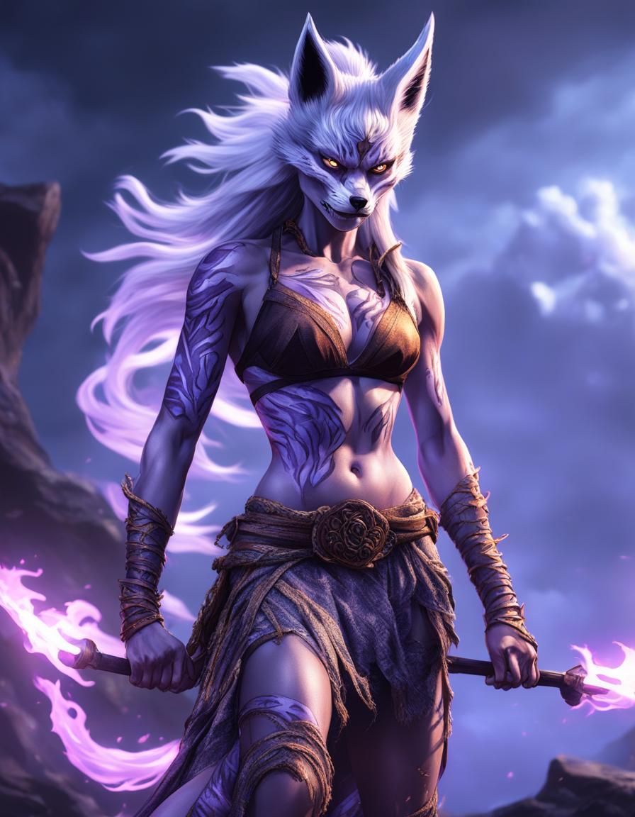 Furious Kitsune Barbarian in a Dark Fantasy Thunderstorm
